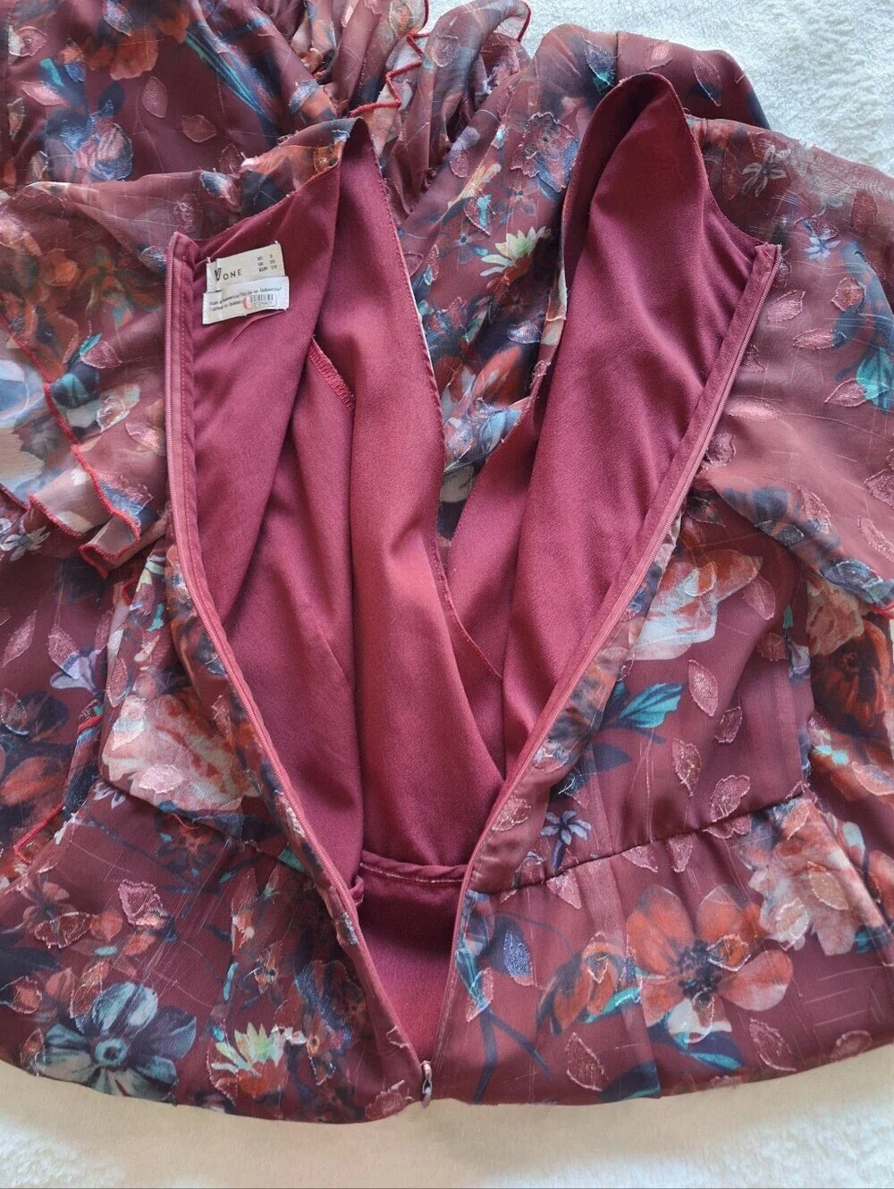 Vone Mireya Floral Ruffle Faux Wrap Midi Dress Burgundy Gold Shimmer US 8